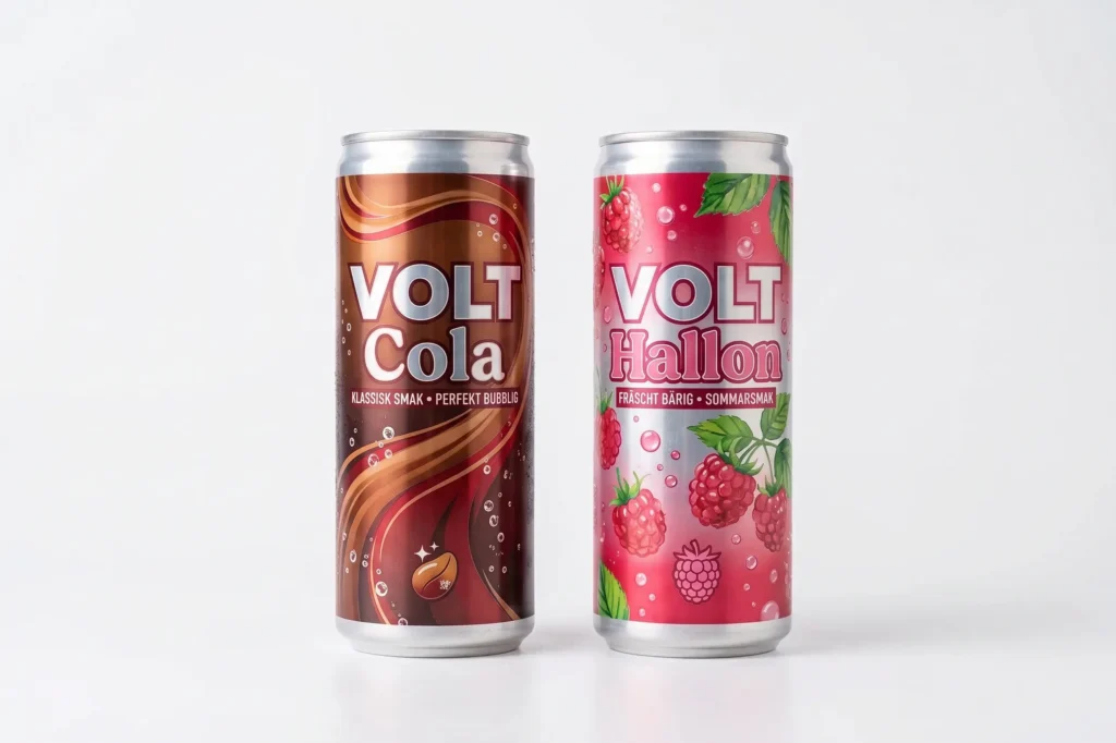 Profilerad läsk med eget tryck med cola och hallonsmak